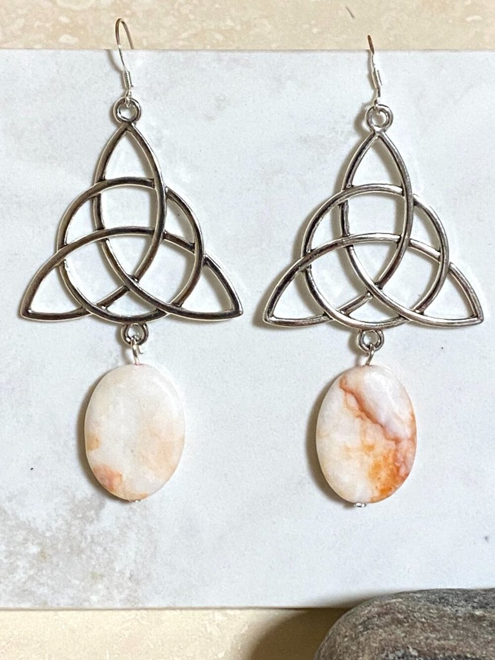 2/$20, Red Vein White Marble Celtic Trinity Dangle Earrings, Gemstone & 925 Hook